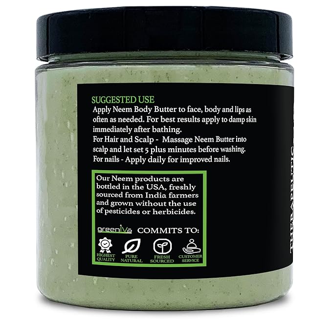 GreenIVe Neem Butter 100% Pure All Natural Body Butter Handcrafted Neem Seed Oil Coconut Oil Kokum Butter Marula Oil Rosemary Leaf Soothing Moisturizing Body Face Lip Hair Scalp Nail Care (8oz)