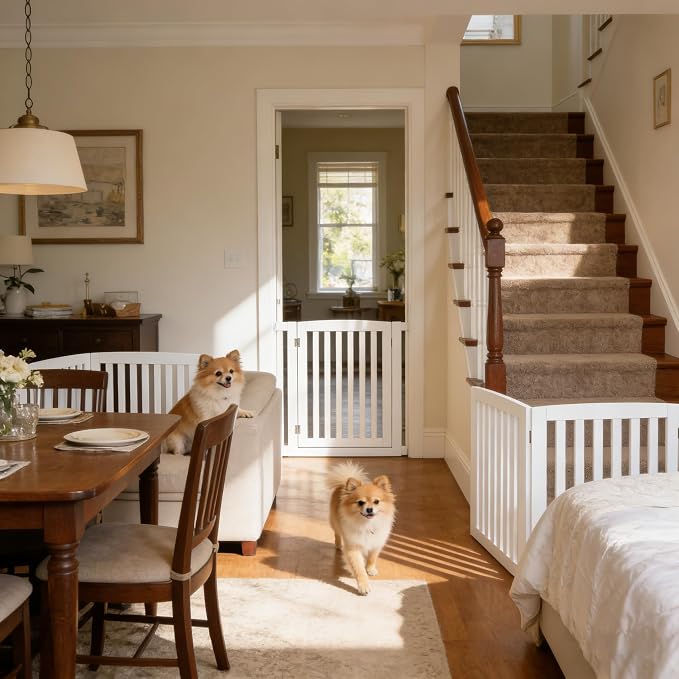 Pet Republic Dog Gate Pet Gate Indoor for Stairs Doorways 82x24 Inch 4 Panels Dog Fence Extra Wide Wooden White