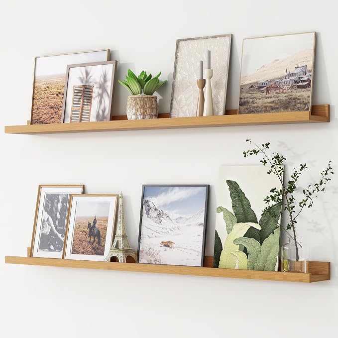 Picture Ledge Shelf, Floating Shelves for Wall, 48" W Set of 2, Oak | FSC Certified Engineered Wood, Wall Mounted Bookshelf, for Nursery Living Room Bedroom, Pre-Drilled, Easy Install