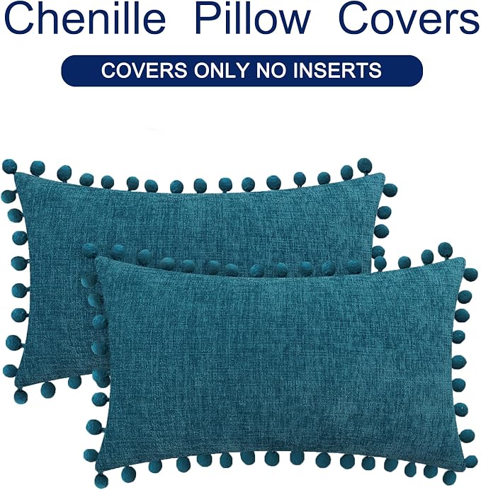 CaliTime Decorative Couch Throw Pillow Covers 20 X 12 Inches Ocean Blue | Pack of 2, Cozy Chenille Cushion Cases, with Pom Poms for Sofa Bed Living Room Farmhouse Home