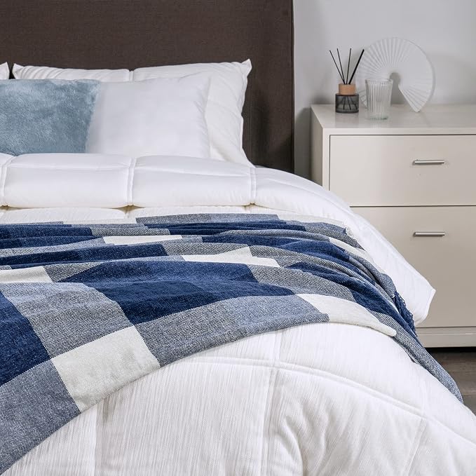 RECYCO Buffalo Plaid Chenille Throw Blanket, 50"x60", Navy Off White | Super Soft Knit Throw Blanket with Tassels, Lightweight, Cozy, Farmhouse Decor, Ideal for Couch Sofa Chair Bed Living Room