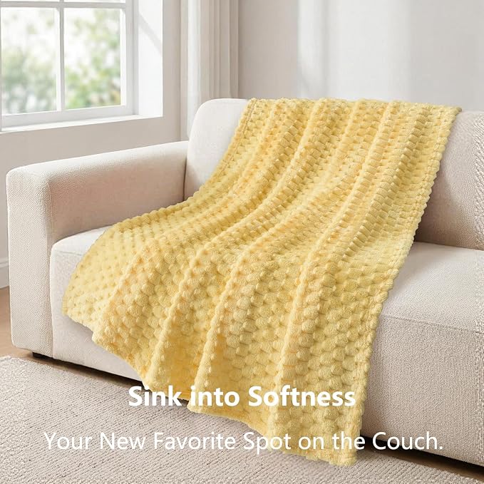 Vessia Flannel Fleece Twin Size Blanket(60x80 inch), 3D Jacquard Light Yellow Fuzzy and Warm Blanket for Couch,Sofa, 300GSM Super Soft Touch Cozy Lightweight Bed Home Decor for All-Season