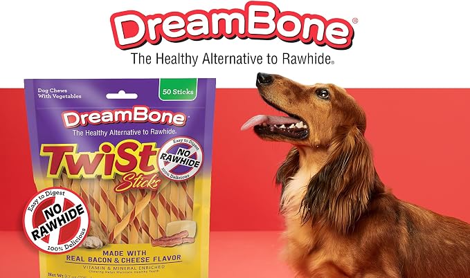 DreamBone Twist Stick Bacon & Cheese Rawhide-Free Dog Treats, 50 Count | Daily Chew, Digests Safely and Completely, Made With Real Protein, Chicken and Veggies, Bacon & Cheese Flavor, For Adult Dogs