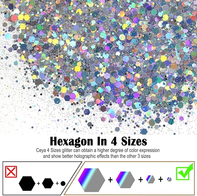 Ceya Holographic Chunky Glitter, 1 LB/ 16OZ Laser Diamond Silver Bulk Craft Glitter Mixed Chunky Fine Glitter Bottled Metallic Flake Nail Sequins for Resin, Tumblers, Scrapbooking, Festival Decor, Art