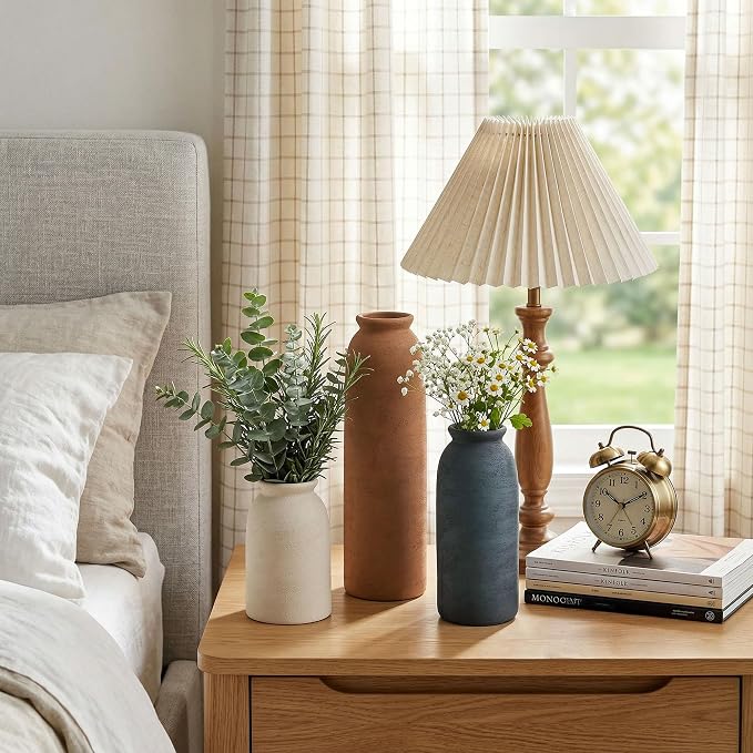 Ceramic Vase Set of 3, Small Flower Rustic Vases Home Table Decor, Modern Farmhouse Neutral Boho Pampas Pottery Vases Decorative for Centerpiece Mantel Entryway Shelf Living Room Kitchen