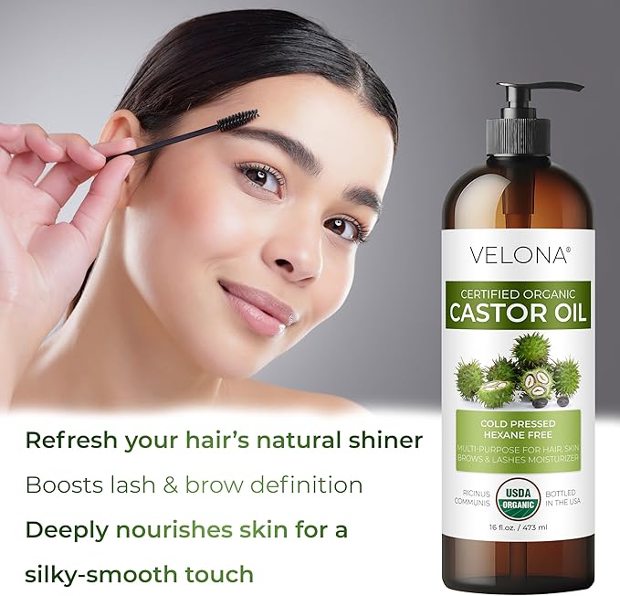 velona USDA Certified Organic Castor Oil - 8 Fl Oz | For Hair, Boost Eyelashes, Eyebrows | Cold pressed, Natural Oil, USP Grade | Hexane Free, Lash Serum, Caster…