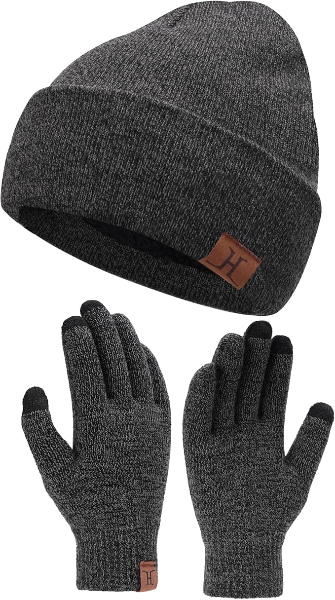 Winter Warm Beanie Hat Touchscreen Gloves Set, Soft Skull Cap Gloves Set for Men and Women with Warm Knit Fleece Lined