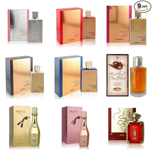 AFLUXE Women's Perfume Sampler Set - 9 x 100ml Full-Size Luxury Fragrances | Floral, Fruity, Gourmand & Woody Scents | Gift Ready Collection for Her(9PCS Combo-7)