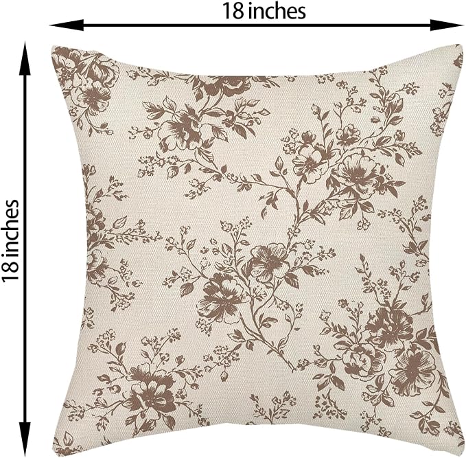 Brown and Cream Flower Pillow Covers 18x18 Set of 2 Chinoiserie Floral Decorative Throw Pillows Vintage Toile Flower Pillowcase Linen Outdoor Farmhouse Cushion Cover for Couch Sofa Decor
