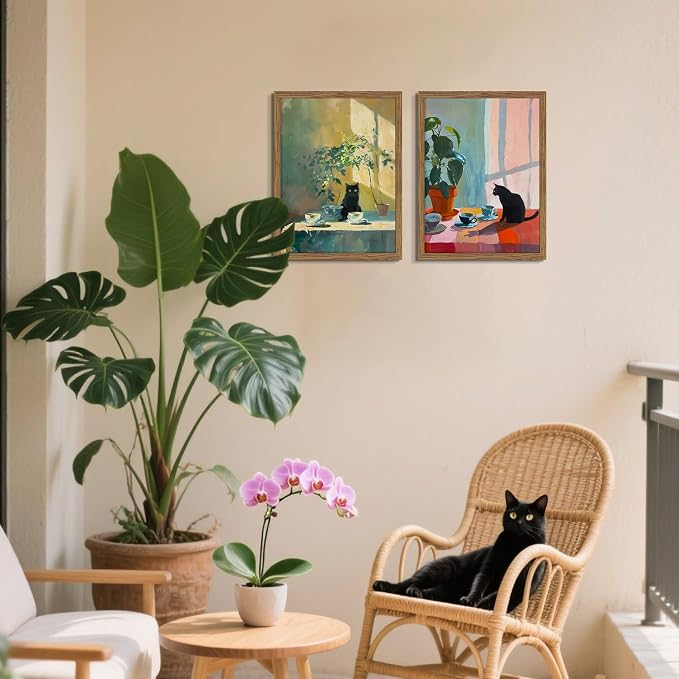 Framed Black Cat Wall Art Set of 2, Vintage Funny Cat Coffee Canvas Wall Decor Paintings, Moody Cute Animal Artwork Prints Picture for Kitchen Dining Room Living Room 12x16 Inch