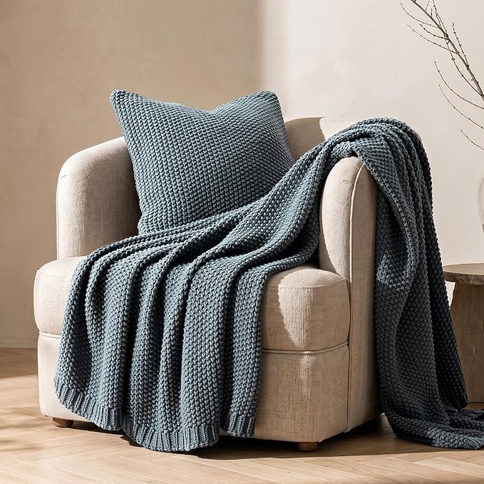 Organic Cotton Chunky Knit Throw Blanket, 50 x 60 Dusk Blue | OCS Certified Organic Cotton, Seed Stitch Knit, Soft & Breathable, Cozy Midweight, Decorative Throw for Couch, Bed & Sofa