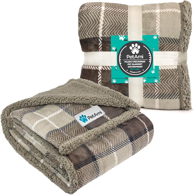 PetAmi Waterproof Dog Blanket for Small Puppy Cat, 29x40, Plaid Taupe | 460 GSM Sherpa Fleece Reversible, Pee Proof Pet Blanket, Furniture Protector Cover for Couch Sofa Kennel Crate, Washable