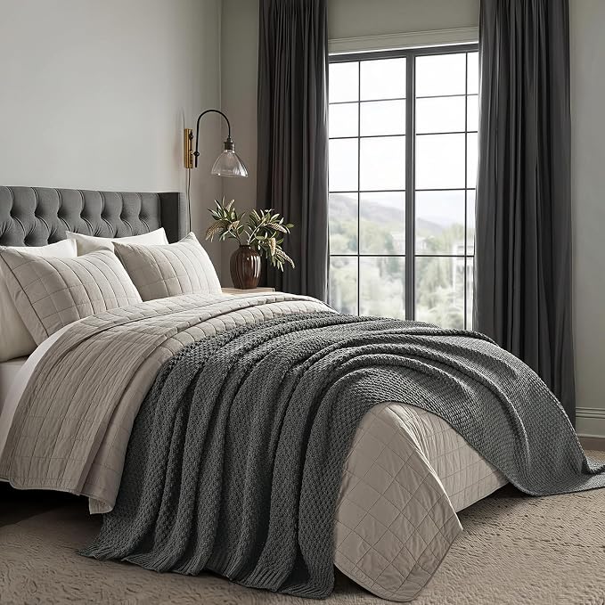 EVERGRACEHOME Chunky Chenille Knit Throw Blanket, 108x92, Charcoal Gray | Sculpted Moss Stitch, Chic Modern Farmhouse, All-Season Warmth, OEKO-TEX® Certified, Oversized King for Couch, Bed, Sofa
