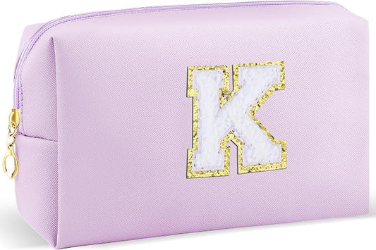URSKYTOUS Gifts for Girls Initial Makeup Bag Personalized Cosmetic Bag with Zipper Cute Travel Toiletry Bag Waterproof PU Preppy Makeup Pouch Birthday Gift for Teen Girls Women(Purple K)