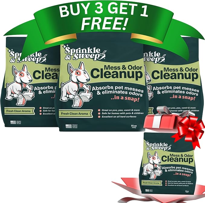 Sprinkle & Sweep: Pet Mess & Odor Cleanup - 4 Pack, 15oz Bags - Dog Accident Clumping Powder, Remove Pee-Poo-Vomit From Hard Surfaces, Ultra-Absorbent