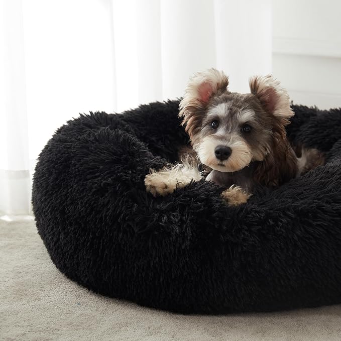 Western Home Calming Donut Small Dog Cat Bed Washable Puppy Bed,24" Black | Fluffy Faux Fur Round Cuddler,Anti-Anxiety,Anti-Slip Bottom,Pet Beds for Puppy&Small Dogs&Large Cat,Up to 25 LBS