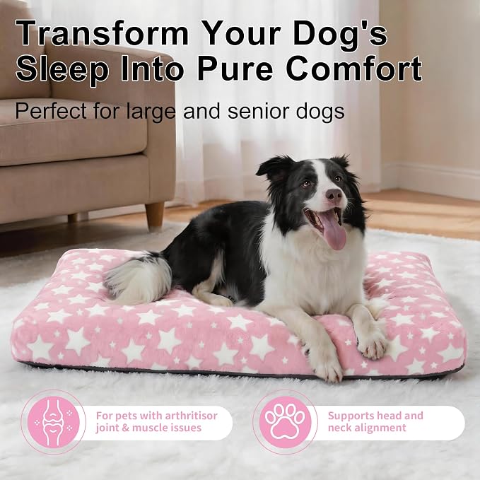 Orthopedic Dog Bed for Large Dogs, Washable Dog Mat with Removable Zippered Cover, Non-Slip Bottom, Comfort Crate Bed (Big&Little Stars Pink, M(30"*20"*3.1"))