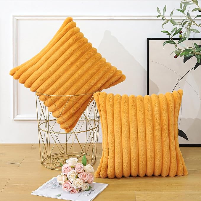 Soleebee Set of 2 Throw Pillow Covers Soft Cozy Velvet Pillowcase Faux Rabbit Fur Cover for Couch Sofa Bed Chair Home Decorative Pillows Cover (22x22 Inch, Mustard Yellow)