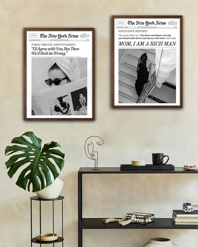 EcoHest 12x16 in Mom I Am a Rich Man Newspaper Framed Wall Art | Walnut Color Solid Oak Frame, Canvas Wall Art, Girly Fashion Magazine Decor for Bedroom, Apartment, Dorm, College Room, 1Pack