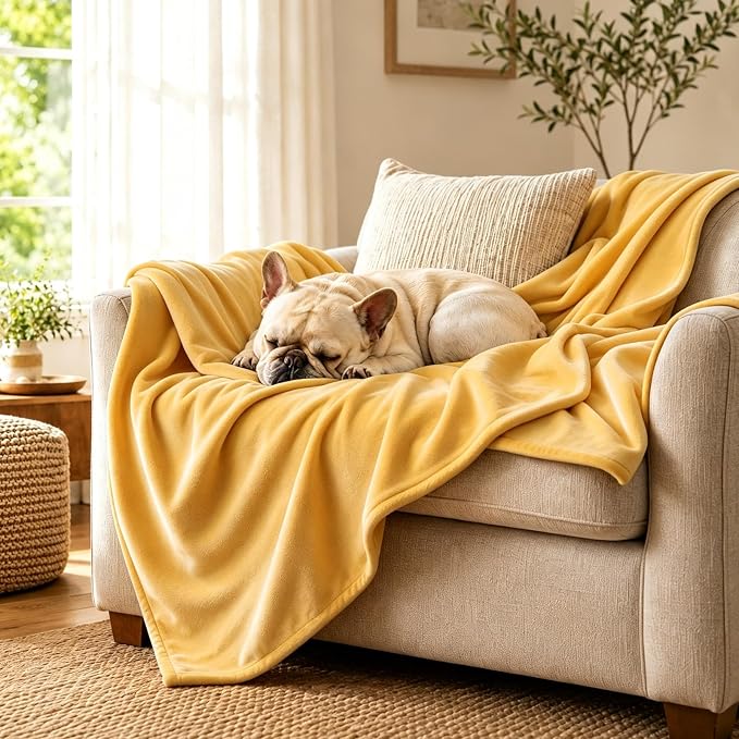 LOOBANI Waterproof Pet Blanket for Couch, Throw Size 50"x60", Yellow | Double-Side Flannel Reversible, Liquid Pee Proof Stain-Proof for Furniture Protection, Ideal for Medium Large Dogs Bed Crate