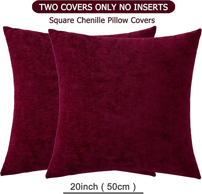 GAWAMAY Decorative Square Throw Pillow Covers 20"x20" Inch Set of 2, Super Soft Chenille Pillows Farmhouse Fall Pillowcase for Living Room Bedroom Sofa Couch Cushion Cover Burgundy Red 50x50cm