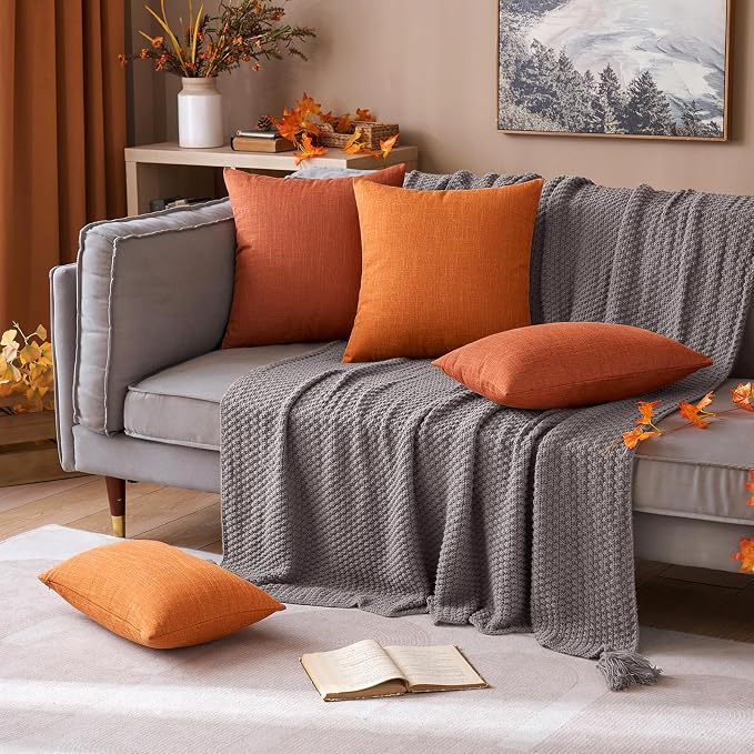 MIULEE Pack of 2 Decorative Linen Burlap Textured Pillow Covers Fall Farmhouse Boho Accent Pillowcases for Sofa Car Couch Bedroom Living Room Decor 20x20 Inch Rust