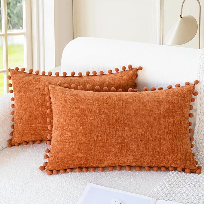 CaliTime Fall Decorative Throw Pillow Covers 20 X 12 Inches Burnt Orange | Pack of 2, Cozy Chenille Cushion Cases, with Pom Poms for Sofa Bed Living Room Farmhouse Home