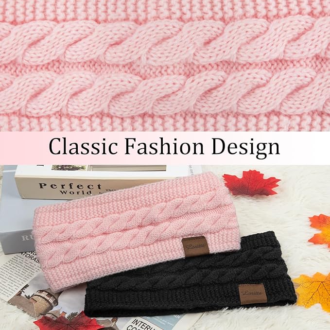 Loritta 2 Pack Headbands for Women Winter Warm Cable Knit Ear Warmer Thick Head Wrap Fuzzy Fleece Lined Gifts