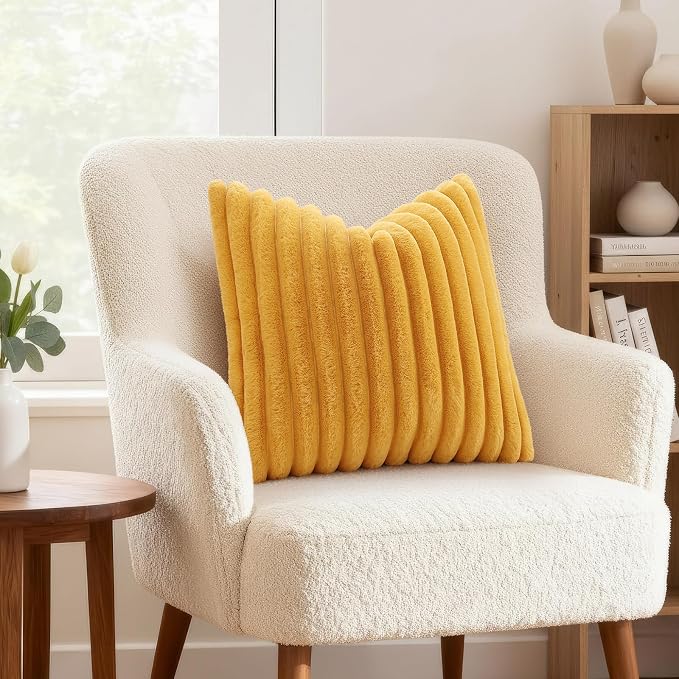 decorUhome Fall Faux Fur Throw Pillow Covers 20x20 Set of 2 Mustard Yellow | Decorative Soft Cozy Striped Plush Modern Farmhouse Boho Couch Pillow Cases Velvet Back for Sofa Bed Living Room Home Decor
