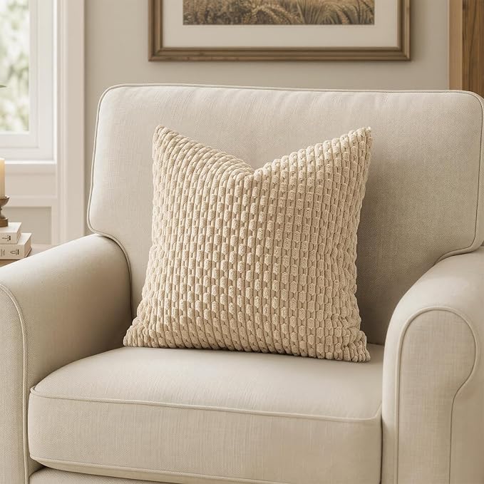 MIULEE Decorative Throw Pillow Covers 18x18 Beige Textured Corduroy | Pack of 2 Striped Pillow Covers Modern Farmhouse Home Decor for Couch Bed Sofa Living Room