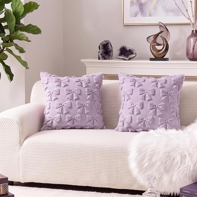 Mixweer Purple Bow Pillow Covers Set of 2 Preppy Room Decor Coquette Cute Spring Summer Decorative Faux Fur Soft Bowknot Stuff Fluffy Plush Aesthetic Pillowcase for Bed Sofa Couch (18 x 18 Inch)