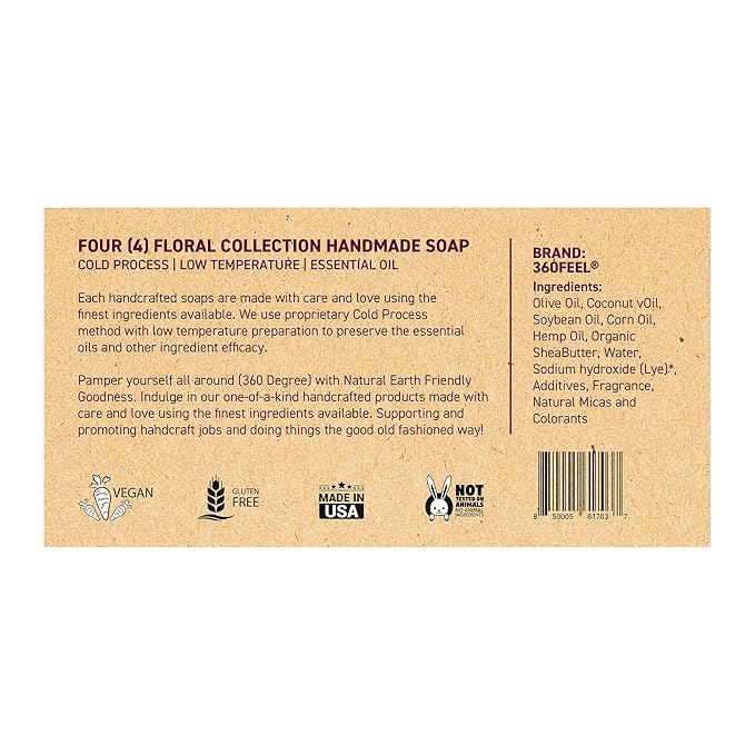 360 Feel - Floral Bar Soap Set - Made in the USA - Castile Handmade All Natural Cold Processed - Infused with Lavender, Lilac , Hydrangea & Petal Dance - Moisturizing Skin Care - (5oz, 4-Pack)