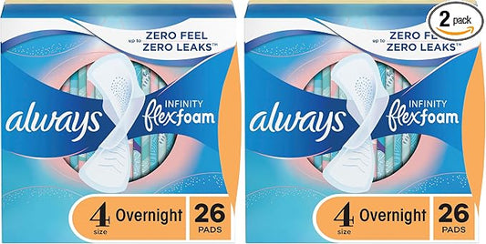 Always, Infinity with FlexFoam Pads for Women, Size 4, Overnight Absorbency with Wings, 26 Count (Pack of 2)
