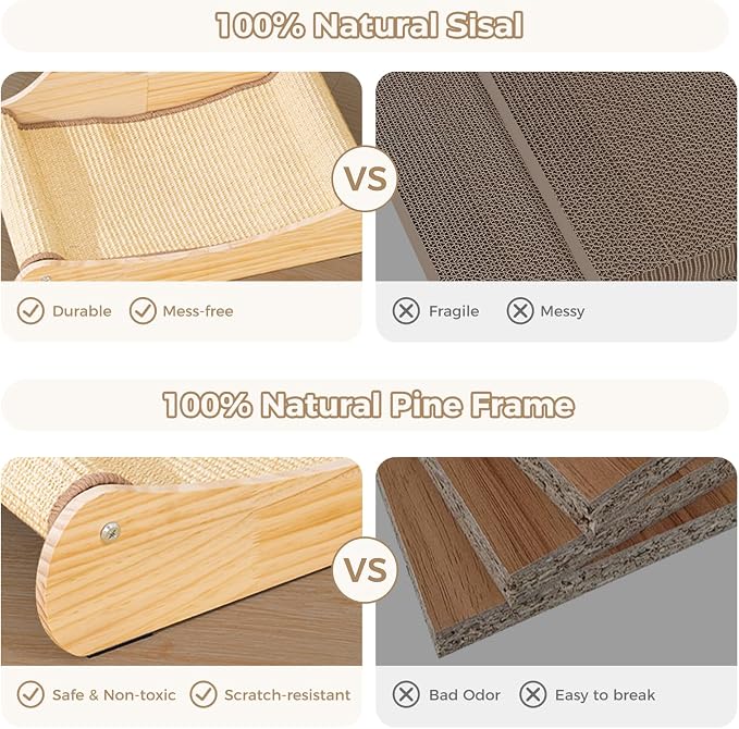 Avont Sisal Cat Scratcher Bed for Indoor Cats, Solid Wood Scratching Lounge | No-Mess Horizontal Scratcher -Large