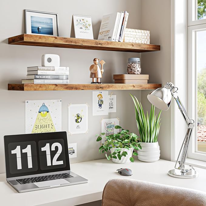 Fixwal Floating Wall Shelves for Decor (Rustic Brown, Set of 2, 35.4Inch) | MDF Shelf with Metal Brackets, Space Saving for Books , Decor, Fits Bathroom, Kitchen, Bedroom, or Office