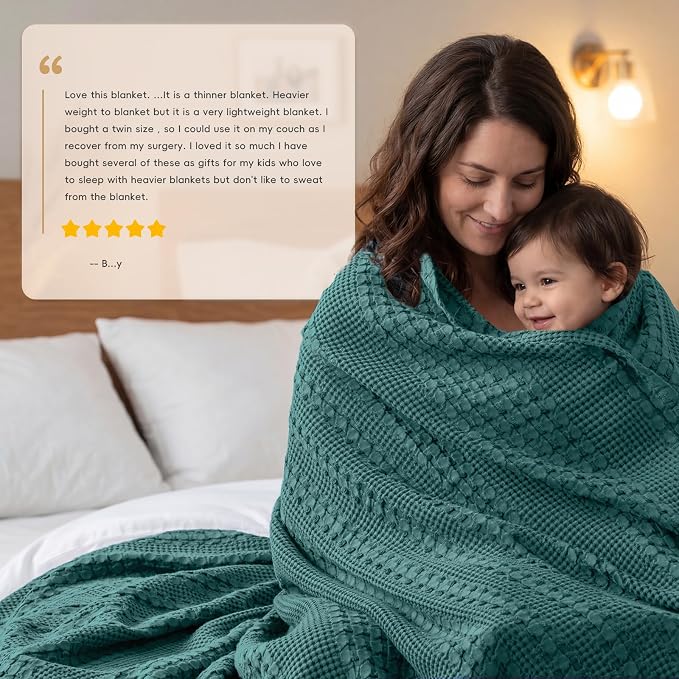 PHF 100% Cotton Waffle Weave Blanket King Size, Lightweight Breathable Summer Blanket for Hot Sleepers, Pre-Washed Soft Layer for Bed, Couch, Home Decor Gift, 108"x90", Teal