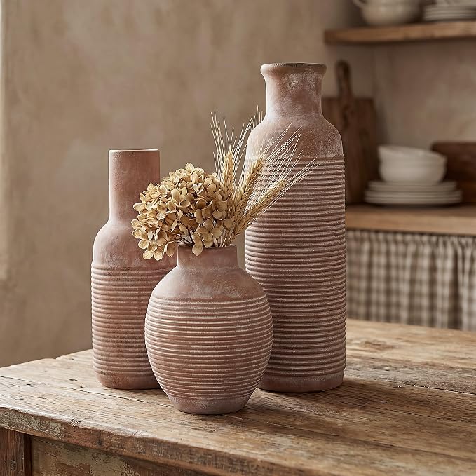 Rustic Farmhouse Vase Set of 3 - Ceramic Decorative Vintage Vases Home Decor - Pampas Grass Dried Fresh Flowers - for Centerpiece, Coffee Table, Mantel Entryway, Living Room, Bedroom (Retro 2)