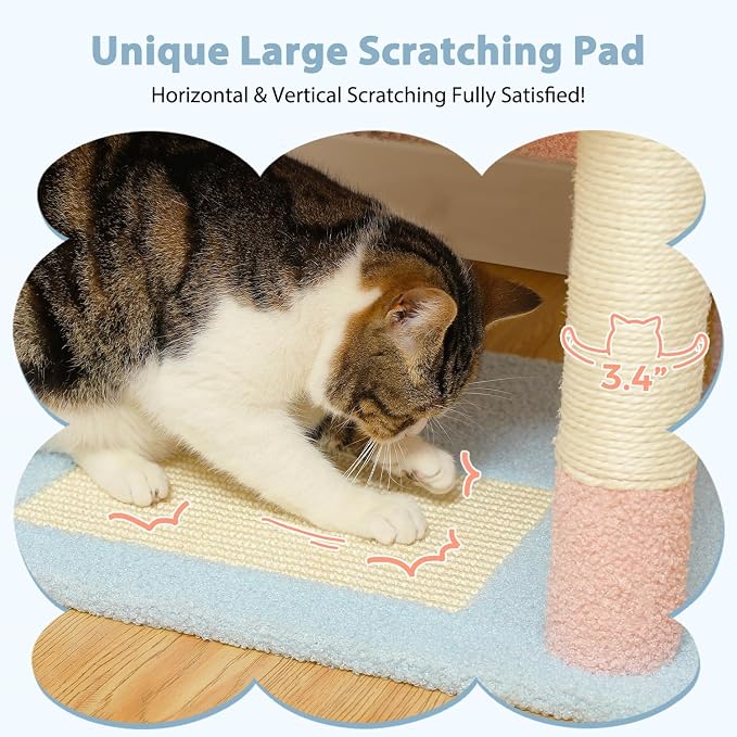 PAWZ Road Flower Cat Tree 72" Cat Tower with Condos&Hammock for Large Cats | cute cat tree in pink&blue, 20"×16" hammock for adult cats, 7 scratch posts + pad, dual condos&perches for multi-cats