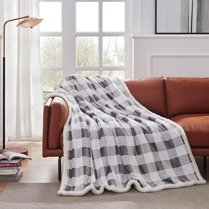 Sherpa Plaid Twin Blanket 60" X 70", Fuzzy Fluffy Soft Cozy Throw Blanket, Twin Size Plush Fleece Flannel Plush Microfiber Blanket for Couch Bed Sofa (Grey)