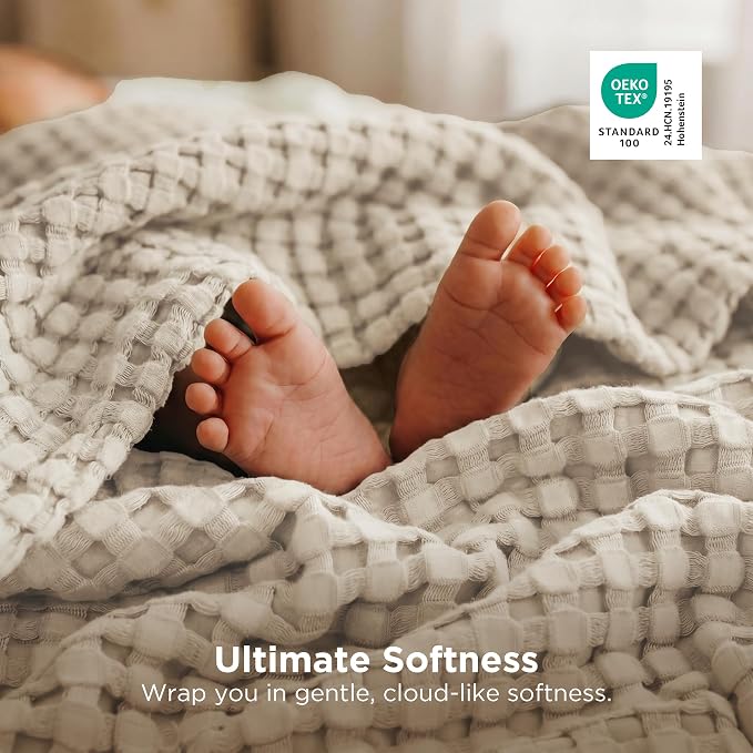 Bedsure Cooling Cotton Waffle Queen Size Blanket - Lightweight Breathable Soft Blanket of Rayon Derived from Bamboo for Hot Sleepers, Luxury Throws for Bed, Couch and Sofa, Linen, 90x90 Inches