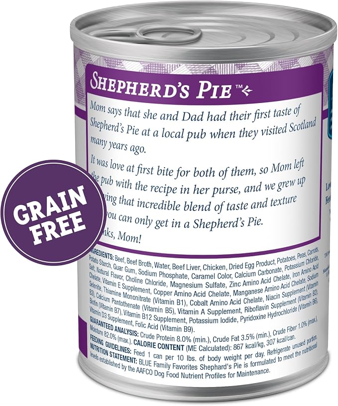 Blue Buffalo Family Favorites Beef Adult Wet Dog Food, 12.5 oz, 12 ct | Shepherd's Pie Recipe, Real Beef First, in Gravy, Feed as Treat, Topper, or Meal, No Corn, Wheat, or Soy