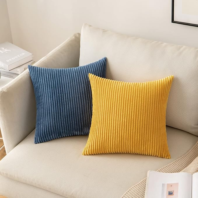 MIULEE Soft Corduroy Throw Pillow Covers Set of 2 20x20 Mustard Yellow | Decorative Striped Textured Cushion Cases, Boho Rustic Square Pillowcases, Home Decor for Couch Chair Sofa Bed Living Room