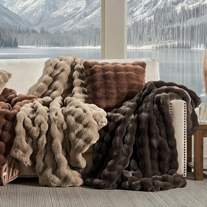 Faux Rabbit Fur Bubble Throw Blanket, 50"x60", Dark Brown | Ultra Soft, Luxury Faux Rabbit Fur Throw, Thick Warm Bubble Blanket, Cozy Fluffy Reversible, for Bed, Couch, Chair, Sofa