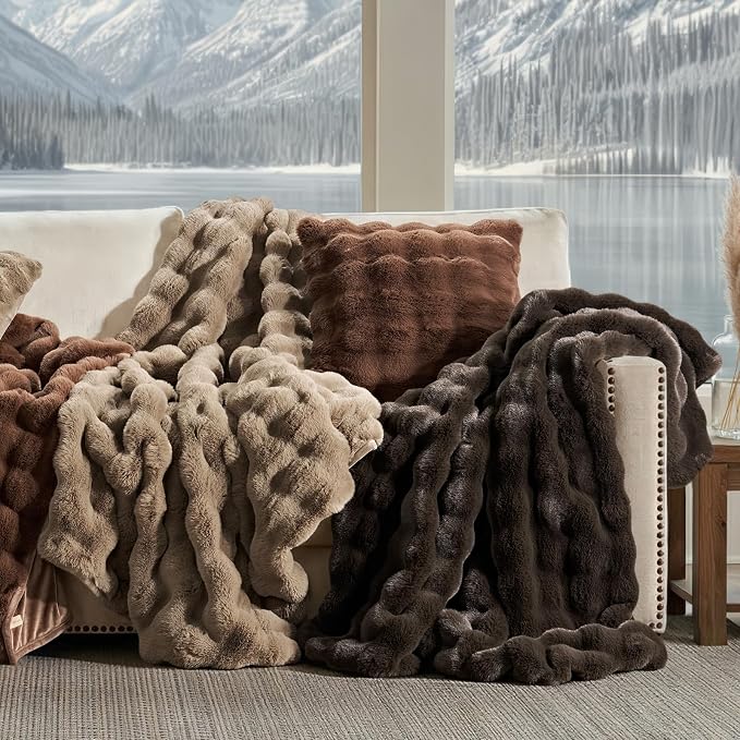 Faux Rabbit Fur Bubble Throw Blanket, 60"x80", Dark Brown | Ultra Soft, Luxury Faux Rabbit Fur Throw, Thick Warm Bubble Blanket, Cozy Fluffy Reversible, for Bed, Couch, Chair, Sofa