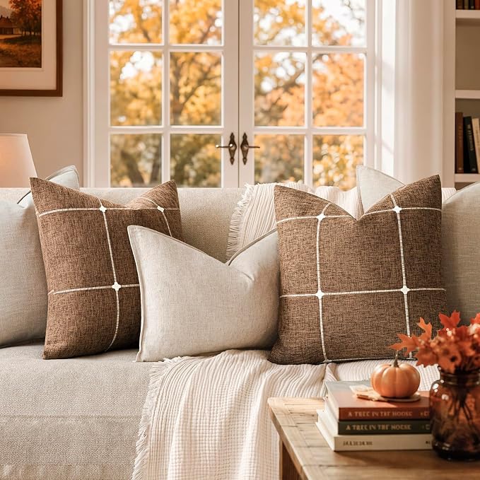 Foindtower Pack of 2 Decorative Faux Linen Jacquard Check Throw Pillow Covers Farmhouse Cushion Cover with Grid Textured Accent Pillowcase for Couch Sofa Living Room Home Decor,16×16 Inch,Orange Brown