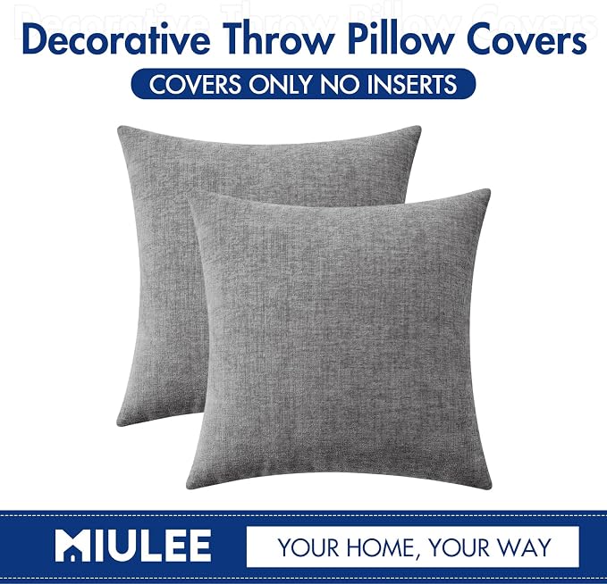 MIULEE Soft Chenille Throw Pillow Covers Dark Gray 20x20 Inch Pack of 2 | Modern Home Decor, Classic Decorative Pillows, Solid Dyed Cases, Boho Couch Cushion Covers for Sofa Bed Living Room