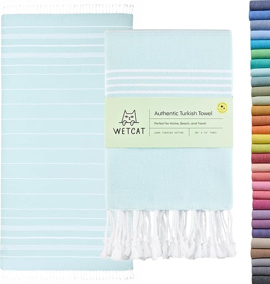 WETCAT Turkish Beach Towel Oversized (38"x71") 100% Turkish Cotton, Made in Turkey - Sand Free, Extra Large, Ultra Soft, Quick Drying, Compact & Lightweight for Travel - Aqua
