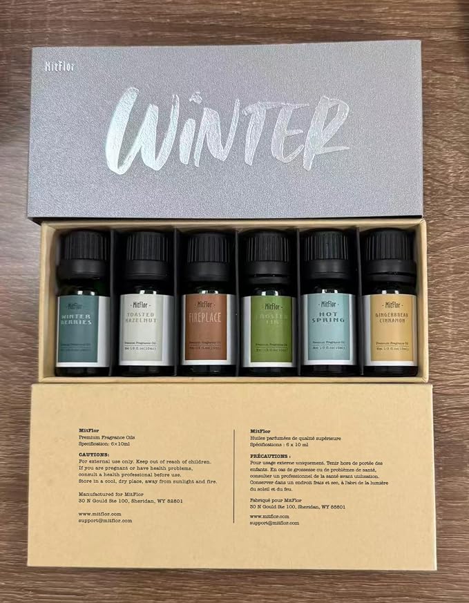 Fragrance Oils, MitFlor Winter Essential Oils for Diffusers for Home, 6 x10ml, Soap & Candle Making Scents, Premium Holiday Aromatherapy Gift Set -Frosty Fir, Hot Spring, Fireplace & More