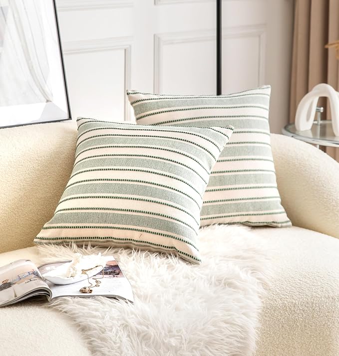 Cethom Decorative Boho Throw Pillow Covers, Farmhouse Textured Pillow Case, 18 x 18 Inch Set of 2, Chair Sofa Bedroom Living Room Home Decor Couch Cushion Case, Green and Beige Striped