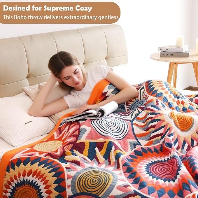VANJOROY Boho Throw Blanket, 100% Organic Muslin Cotton Skin-friendly Breathable Ultra Soft Bed Quilt Throw - All Season Bohemian Decor Luxury Colorful Blanket for Sofa Couch Chair and Gift. 50" x 60"